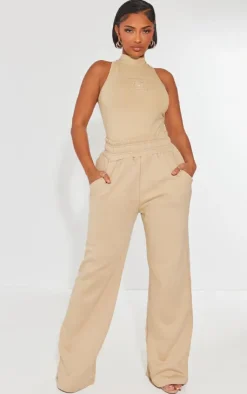Discount PrettyLittleThing Shape Sweat High Waist Wide Leg Sweatpants Taupe