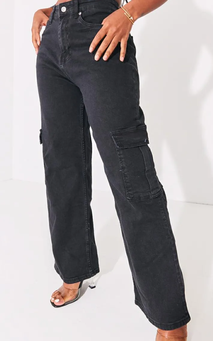 PRETTYLITTLETHING Shape Washed Black Cargo Wide Leg Jeans