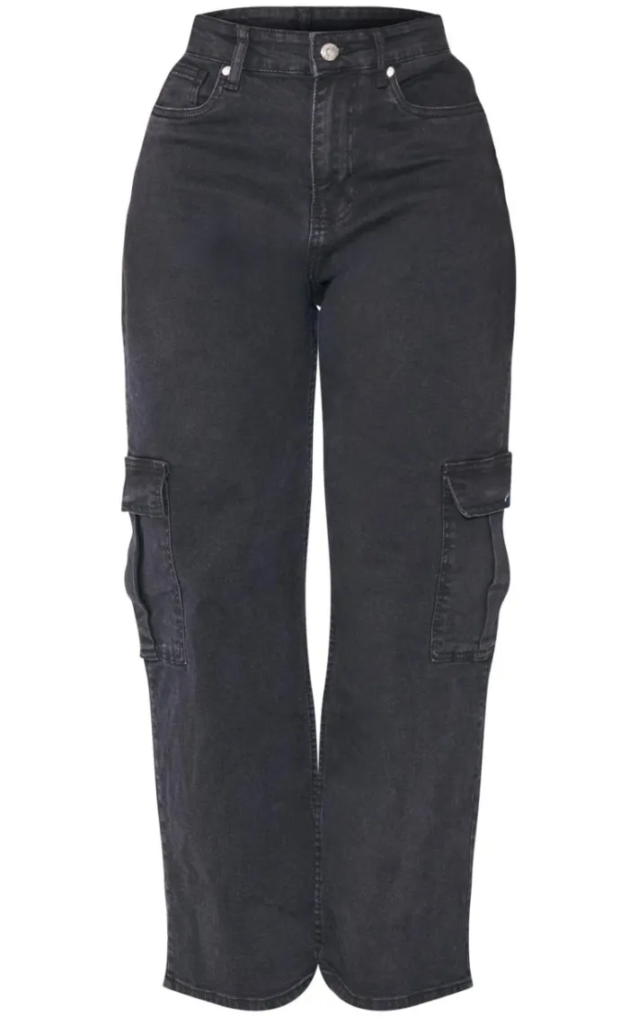 PRETTYLITTLETHING Shape Washed Black Cargo Wide Leg Jeans