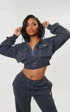 Sale PrettyLittleThing Shape Cargo Cropped Hoodie Washed Charcoal
