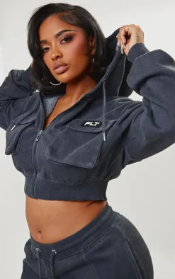 Sale PrettyLittleThing Shape Cargo Cropped Hoodie Washed Charcoal