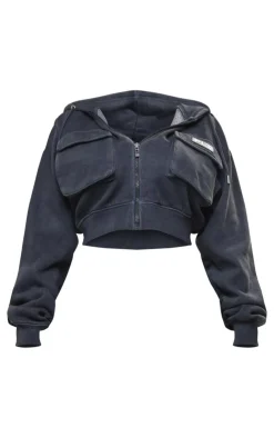 Sale PrettyLittleThing Shape Cargo Cropped Hoodie Washed Charcoal