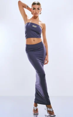 Online PrettyLittleThing Washed Wide Snatched Rib Low Rise Midaxi Skirt Steel Blue