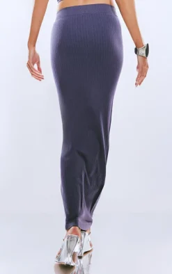 Online PrettyLittleThing Washed Wide Snatched Rib Low Rise Midaxi Skirt Steel Blue