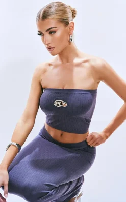 Online PrettyLittleThing Washed Wide Snatched Rib Low Rise Midaxi Skirt Steel Blue