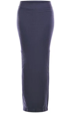 Online PrettyLittleThing Washed Wide Snatched Rib Low Rise Midaxi Skirt Steel Blue