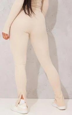 Clearance PrettyLittleThing Crinkle Rib Split Hem Leggings Stone