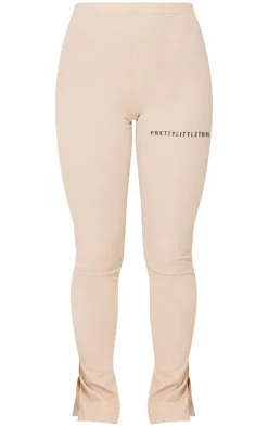 Clearance PrettyLittleThing Crinkle Rib Split Hem Leggings Stone