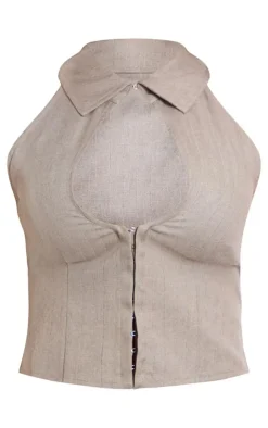 New PrettyLittleThing Tailored Cut Out Hook And Eye Collared Top Stone
