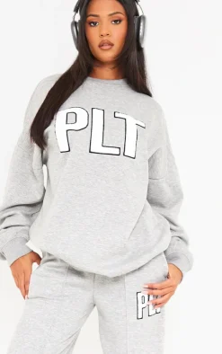 PrettyLittleThing Grey Sweatsuits*Tall Borg Applique Oversized Sweatshirt