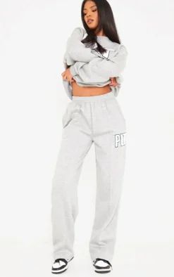 PrettyLittleThing Grey Sweatsuits*Tall Borg Applique Wide Leg Sweatpants