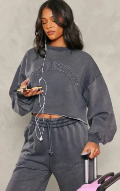 Online PrettyLittleThing Tall Distressed Varsity Cropped Sweatshirt Charcoal Blue