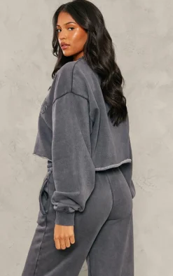 Online PrettyLittleThing Tall Distressed Varsity Cropped Sweatshirt Charcoal Blue