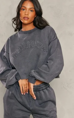 Online PrettyLittleThing Tall Distressed Varsity Cropped Sweatshirt Charcoal Blue