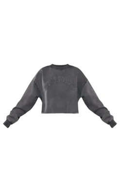 Online PrettyLittleThing Tall Distressed Varsity Cropped Sweatshirt Charcoal Blue