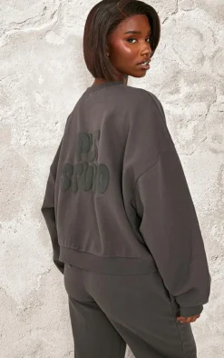 PrettyLittleThing Tall Premium Studio Print Boxy Sweatshirt Charcoal