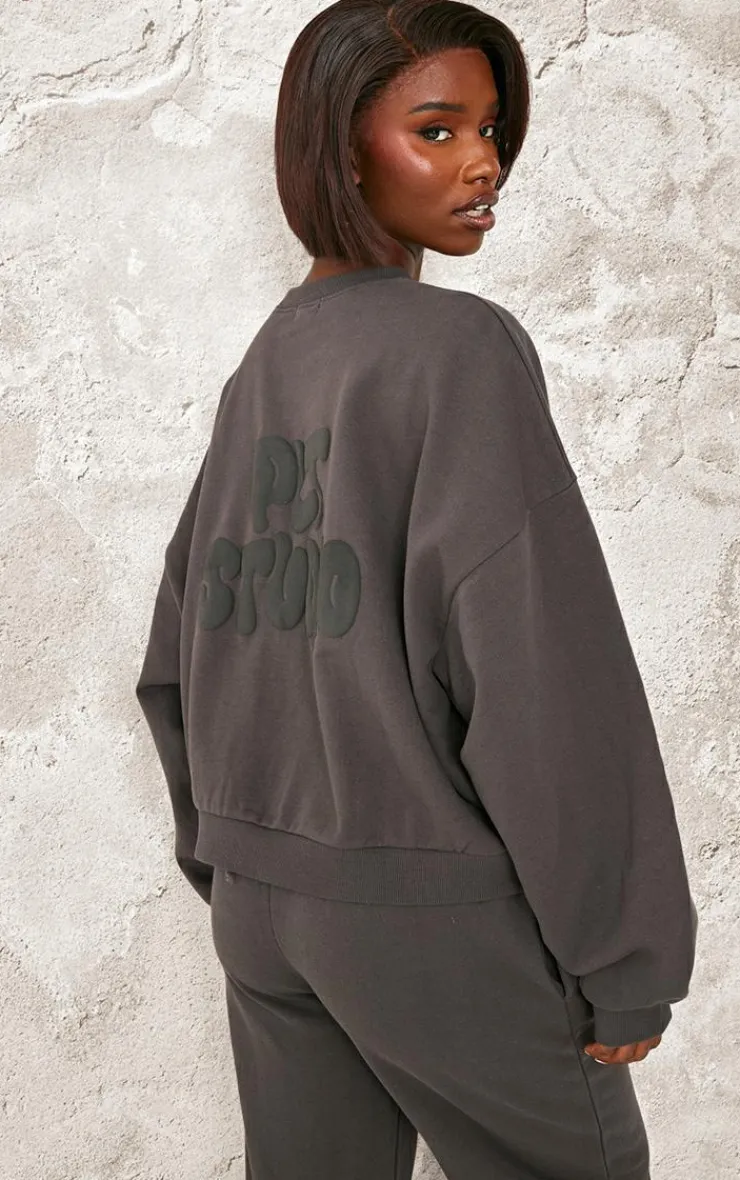 PrettyLittleThing Tall Premium Studio Print Boxy Sweatshirt Charcoal