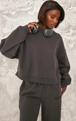 PrettyLittleThing Tall Premium Studio Print Boxy Sweatshirt Charcoal