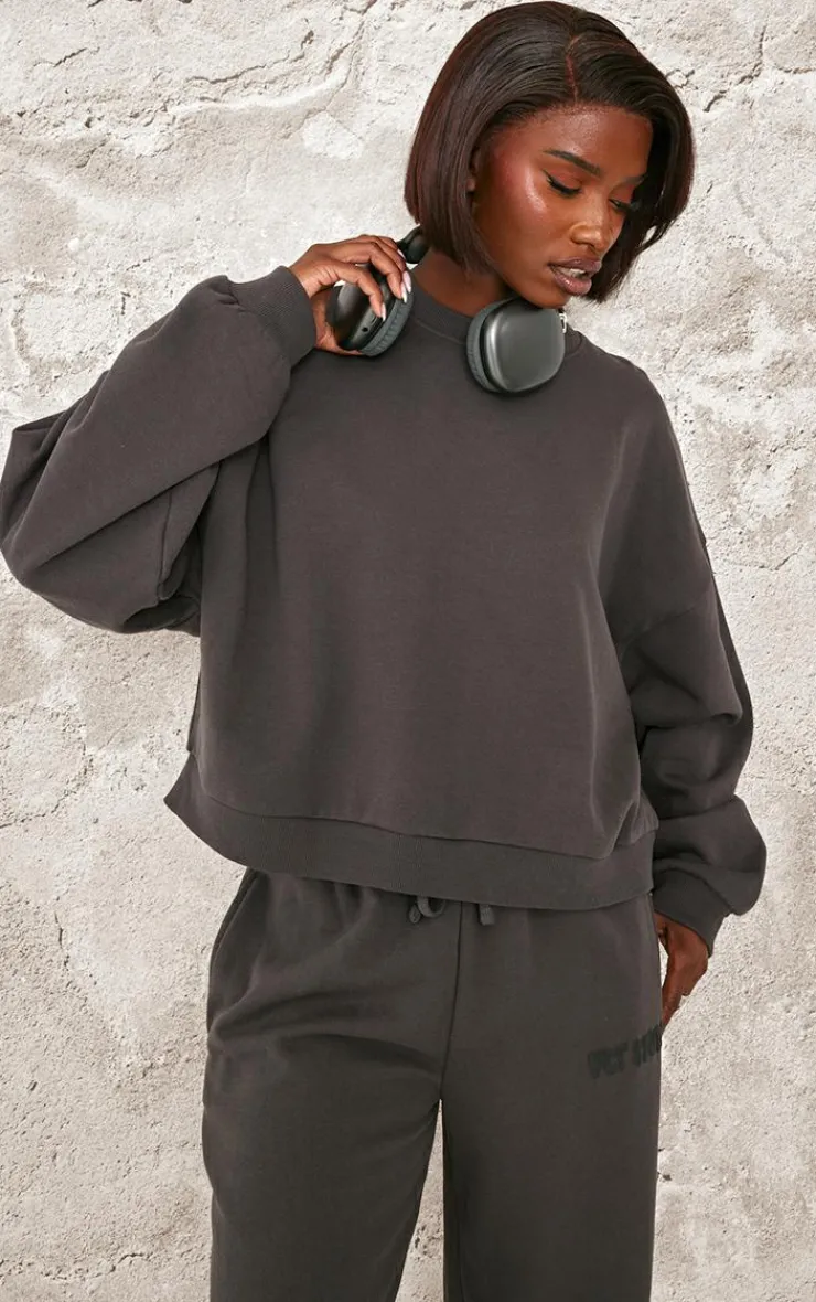 PrettyLittleThing Tall Premium Studio Print Boxy Sweatshirt Charcoal