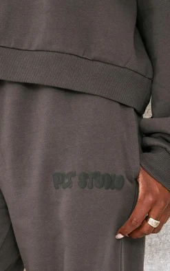 Clearance PrettyLittleThing Tall Premium Studio Print Straight Leg Sweatpants Charcoal