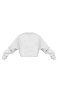 PRETTYLITTLETHING Tall Grey Marl Distressed Varsity Cropped Sweatshirt