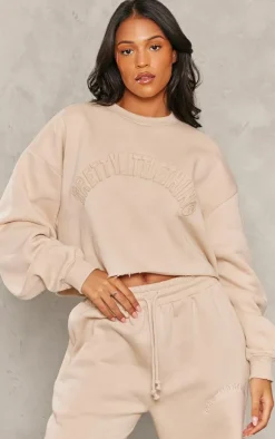 Outlet PrettyLittleThing Tall Distressed Varsity Cropped Sweatshirt Stone