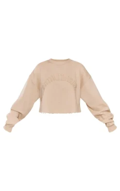 Outlet PrettyLittleThing Tall Distressed Varsity Cropped Sweatshirt Stone