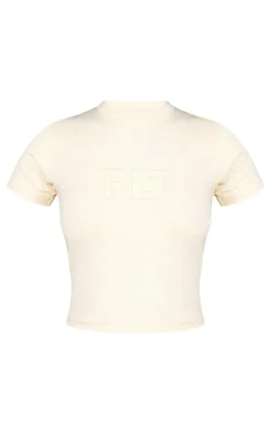 New PrettyLittleThing Tall Embroidered Fitted T Shirt Stone