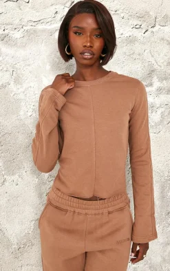 Outlet PrettyLittleThing Tall Embroidered Raw Hem Seam Detail Fitted Top Taupe