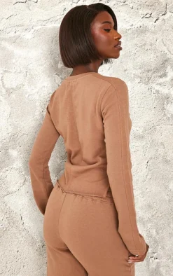 Outlet PrettyLittleThing Tall Embroidered Raw Hem Seam Detail Fitted Top Taupe