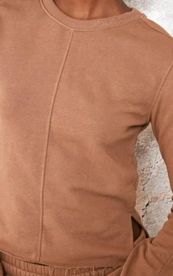 Outlet PrettyLittleThing Tall Embroidered Raw Hem Seam Detail Fitted Top Taupe