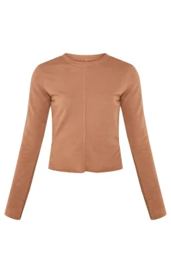 Outlet PrettyLittleThing Tall Embroidered Raw Hem Seam Detail Fitted Top Taupe