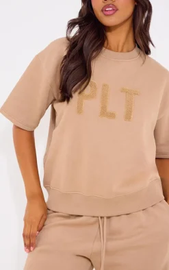 Outlet PrettyLittleThing Borg Applique Short Sleeve Sweatshirt Taupe