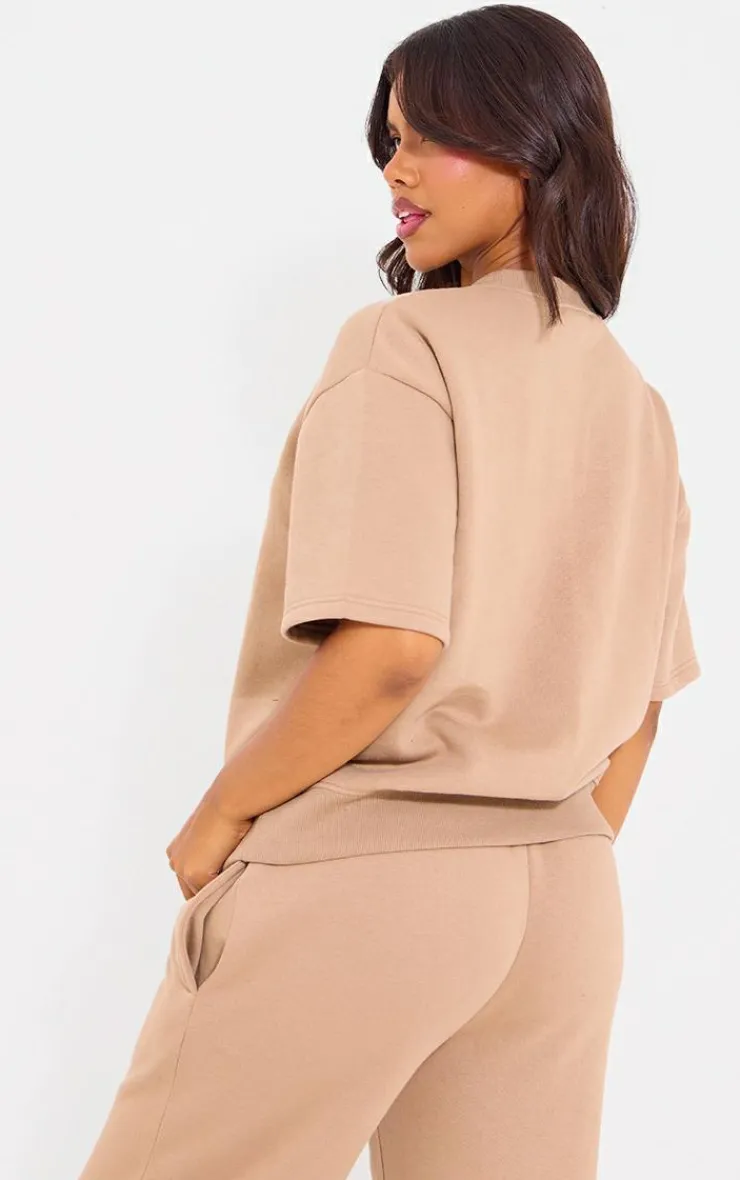 Outlet PrettyLittleThing Borg Applique Short Sleeve Sweatshirt Taupe