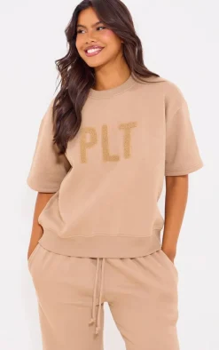 Outlet PrettyLittleThing Borg Applique Short Sleeve Sweatshirt Taupe