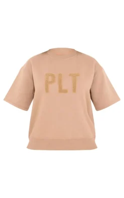 Outlet PrettyLittleThing Borg Applique Short Sleeve Sweatshirt Taupe