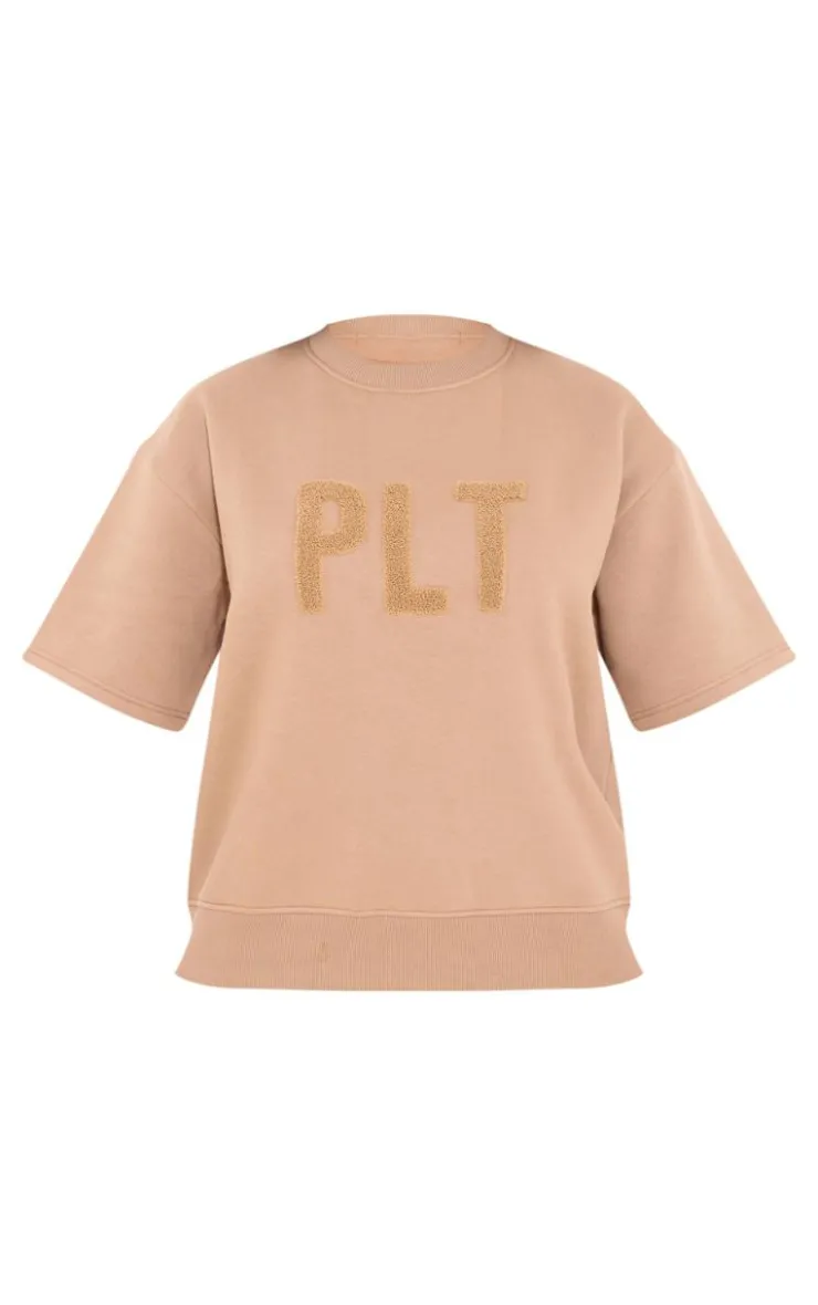 Outlet PrettyLittleThing Borg Applique Short Sleeve Sweatshirt Taupe