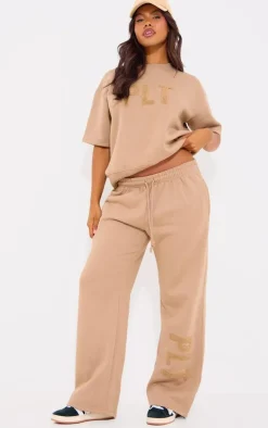 PrettyLittleThing Borg Applique Wide Leg Sweatpants Taupe