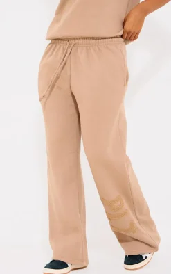 PrettyLittleThing Borg Applique Wide Leg Sweatpants Taupe