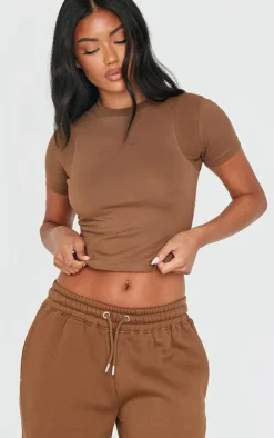 Clearance PrettyLittleThing Embroidered Rib Panel T Shirt Taupe