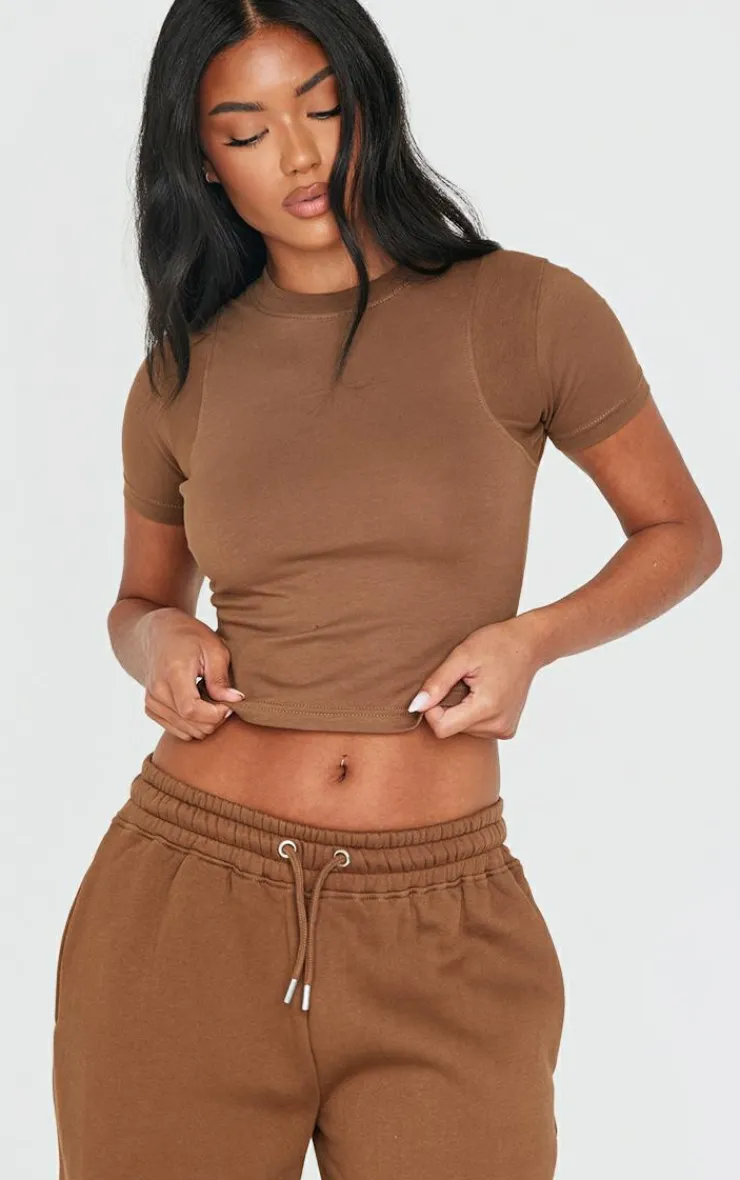 Clearance PrettyLittleThing Embroidered Rib Panel T Shirt Taupe