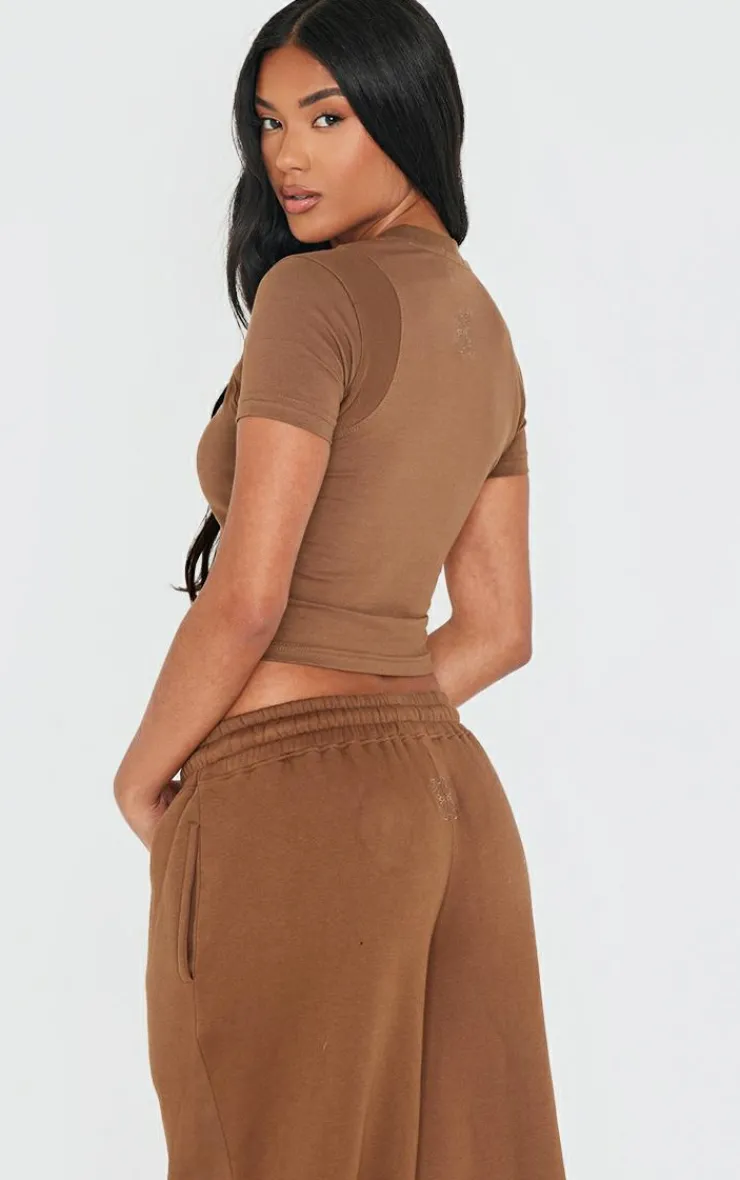 Clearance PrettyLittleThing Embroidered Rib Panel T Shirt Taupe