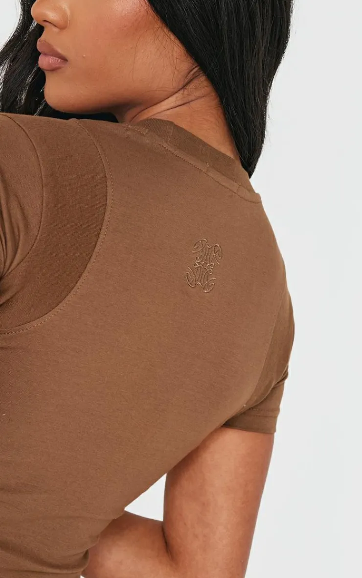 Clearance PrettyLittleThing Embroidered Rib Panel T Shirt Taupe