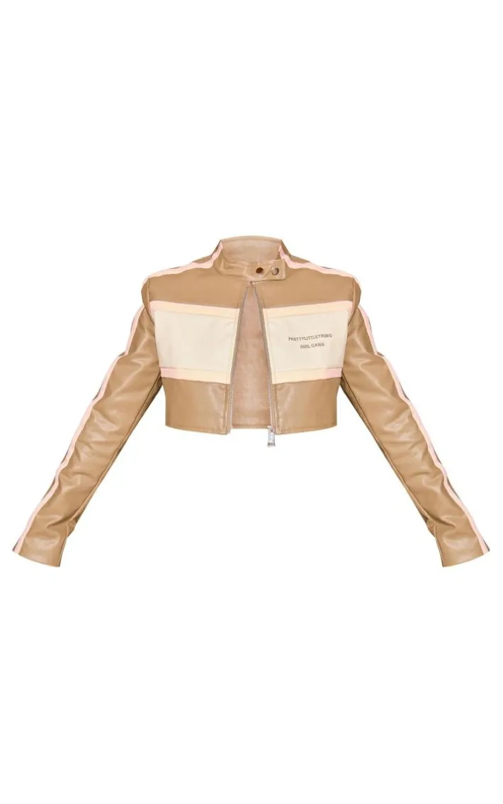 PRETTYLITTLETHING Taupe Girl Gang Racer Jacket