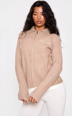 PrettyLittleThing Cardigans*Rib Knit Collar Detail Zip Up Cardigan