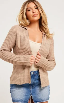 PrettyLittleThing Cardigans*Rib Knit Collar Detail Zip Up Cardigan