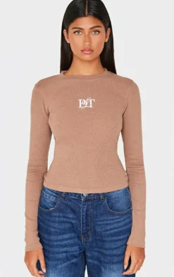 PrettyLittleThing T-Shirts*Ribbed Embroidered Long Sleeve T Shirt