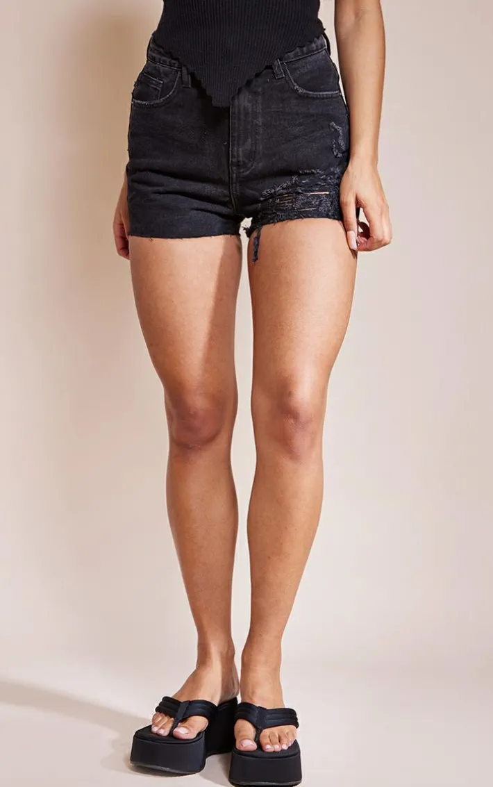 PRETTYLITTLETHING Washed Black Ripped Denim Mom Shorts