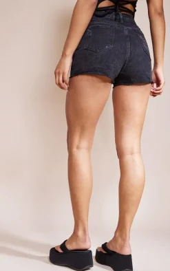 PRETTYLITTLETHING Washed Black Ripped Denim Mom Shorts