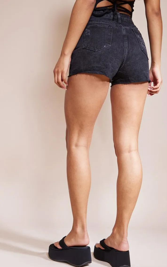 PRETTYLITTLETHING Washed Black Ripped Denim Mom Shorts